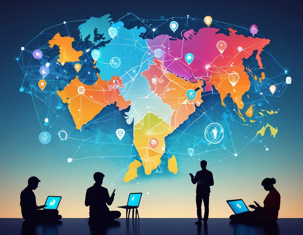 A diverse group of people using various digital services on devices like smartphones, tablets, and laptops, with icons representing mobile banking, digital payments, and online account management floating around. The background includes a stylized map of India with highlighted locations connected through digital lines. super-realistic. vibrant colors.